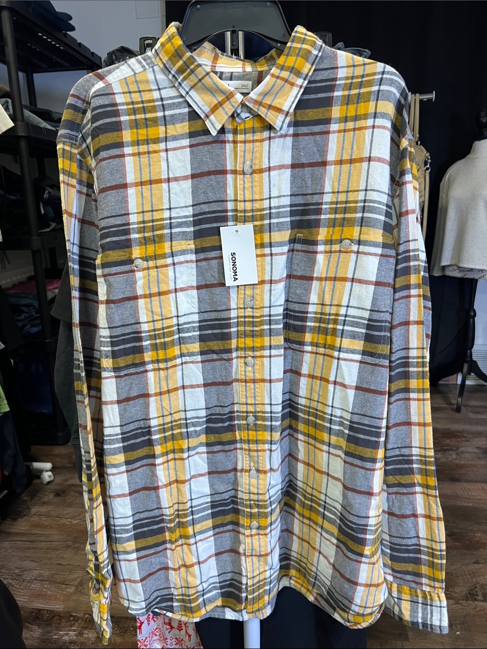 SONOMA Yellow Gray Plaid Long-Sleeve Button-Down Shirt